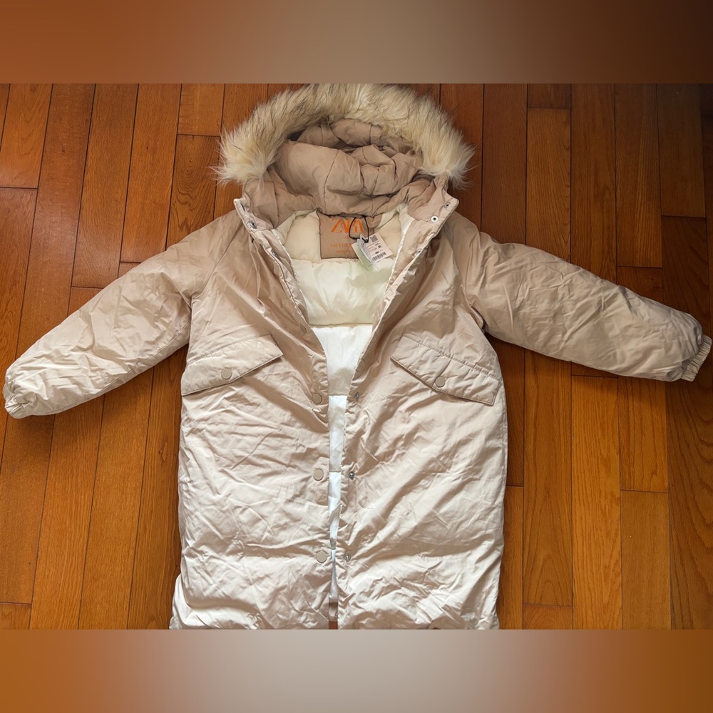 Zara Beige Hooded Puffer Coat with Faux Fur Trim